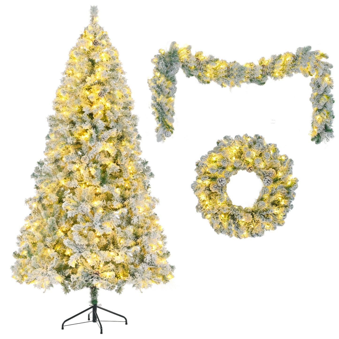 6FT Snow Flocked Christmas Pre-Lit Set (Tree, Garland & Wreath)