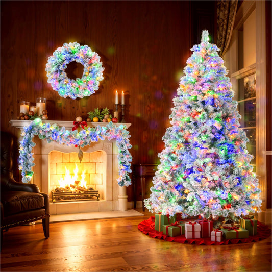 6FT Snow Flocked Christmas Pre-Lit Set (Tree, Garland & Wreath)