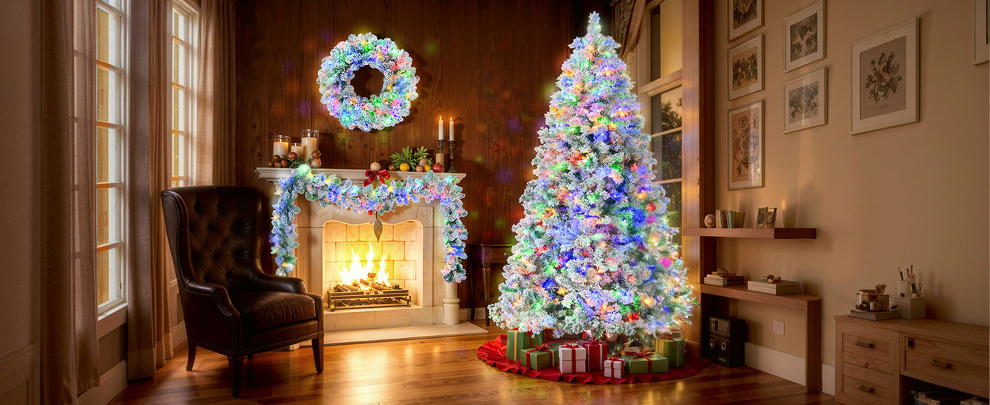 6FT Snow Flocked Christmas Pre-Lit Set (Tree, Garland & Wreath)