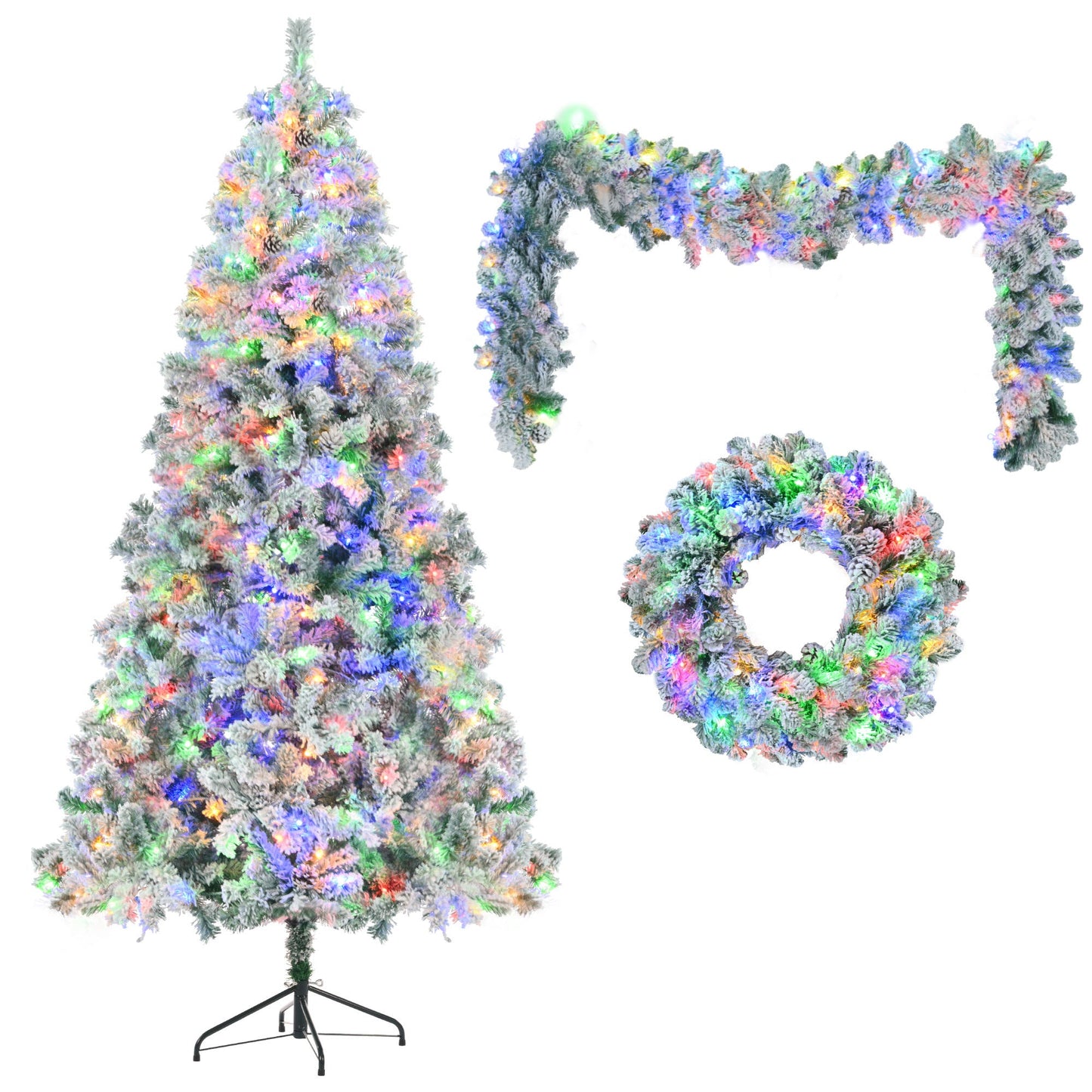 6FT Snow Flocked Christmas Pre-Lit Set (Tree, Garland & Wreath)