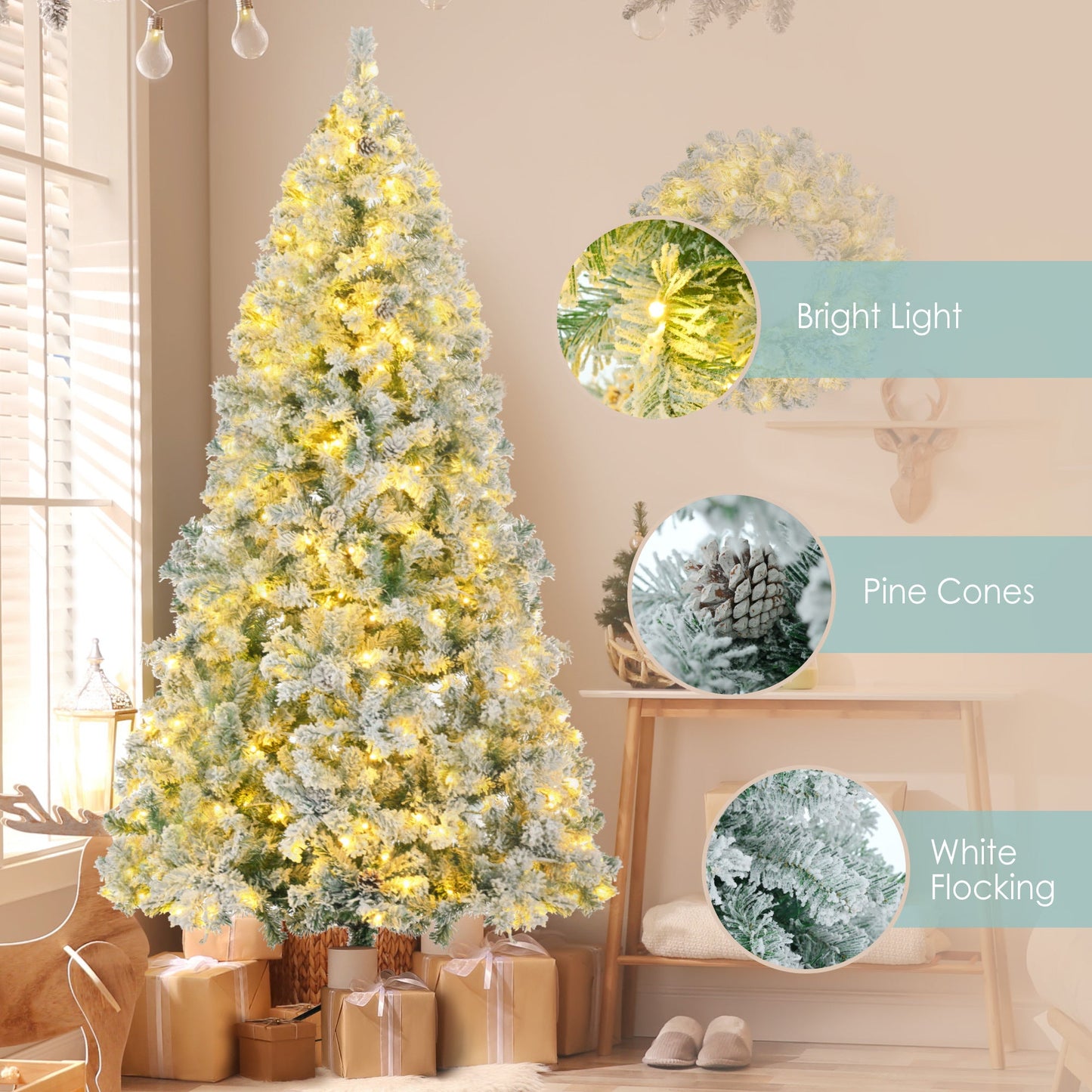 6FT Snow Flocked Christmas Pre-Lit Set (Tree, Garland & Wreath)