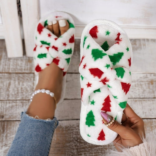 Christmas Pattern Furry Bedroom Slippers