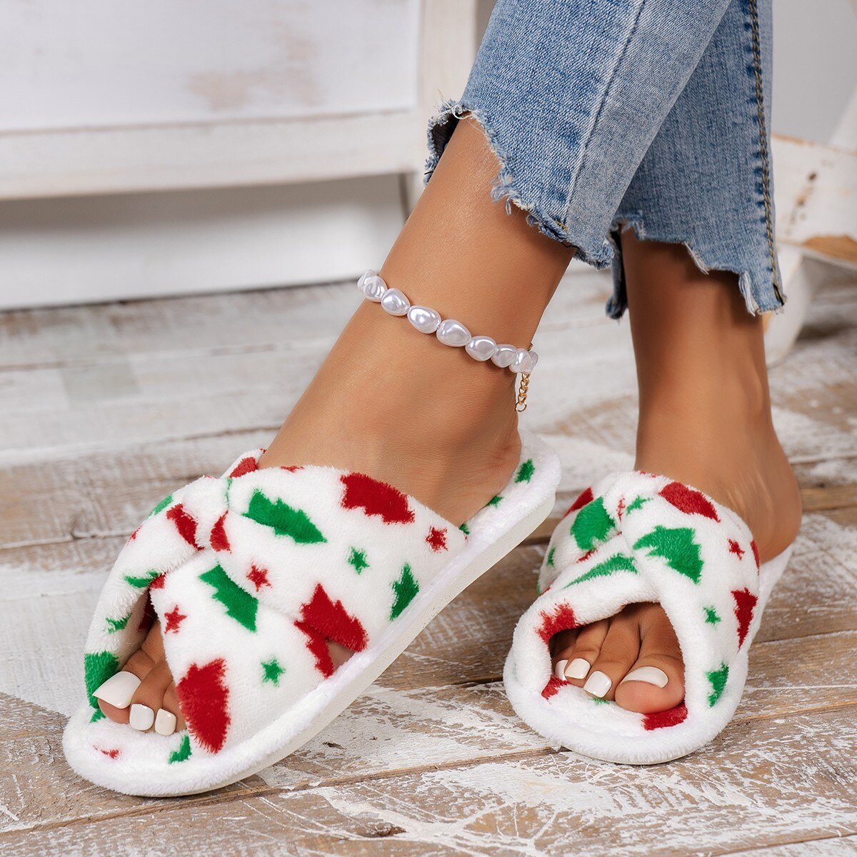 Christmas Pattern Furry Bedroom Slippers