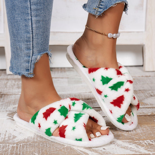 Christmas Pattern Furry Bedroom Slippers