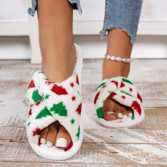 Christmas Pattern Furry Bedroom Slippers