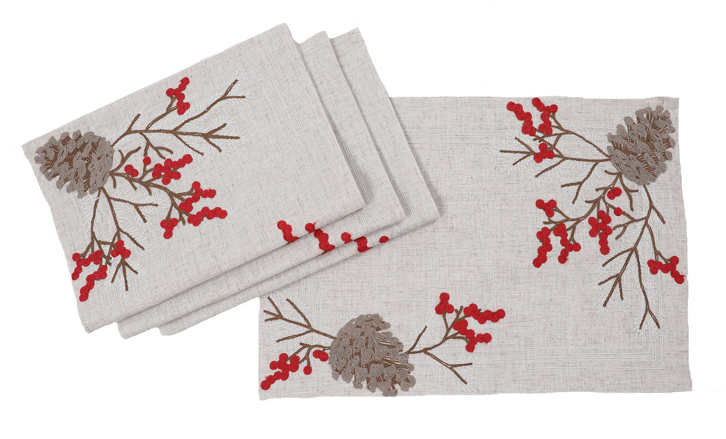 Christmas Pine Cone Crewel Embroidered Placemats