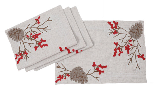 Christmas Pine Cone Crewel Embroidered Placemats