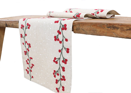 Holly Berry Branch Crewel Embroidered Christmas Table Runner