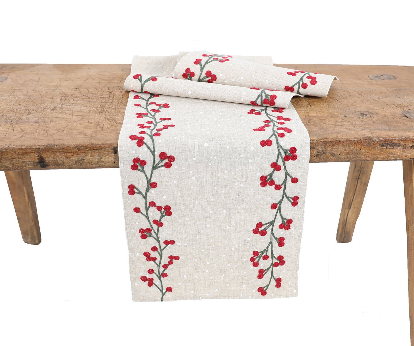 Holly Berry Branch Crewel Embroidered Christmas Table Runner