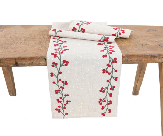 Holly Berry Branch Crewel Embroidered Christmas Table Runner