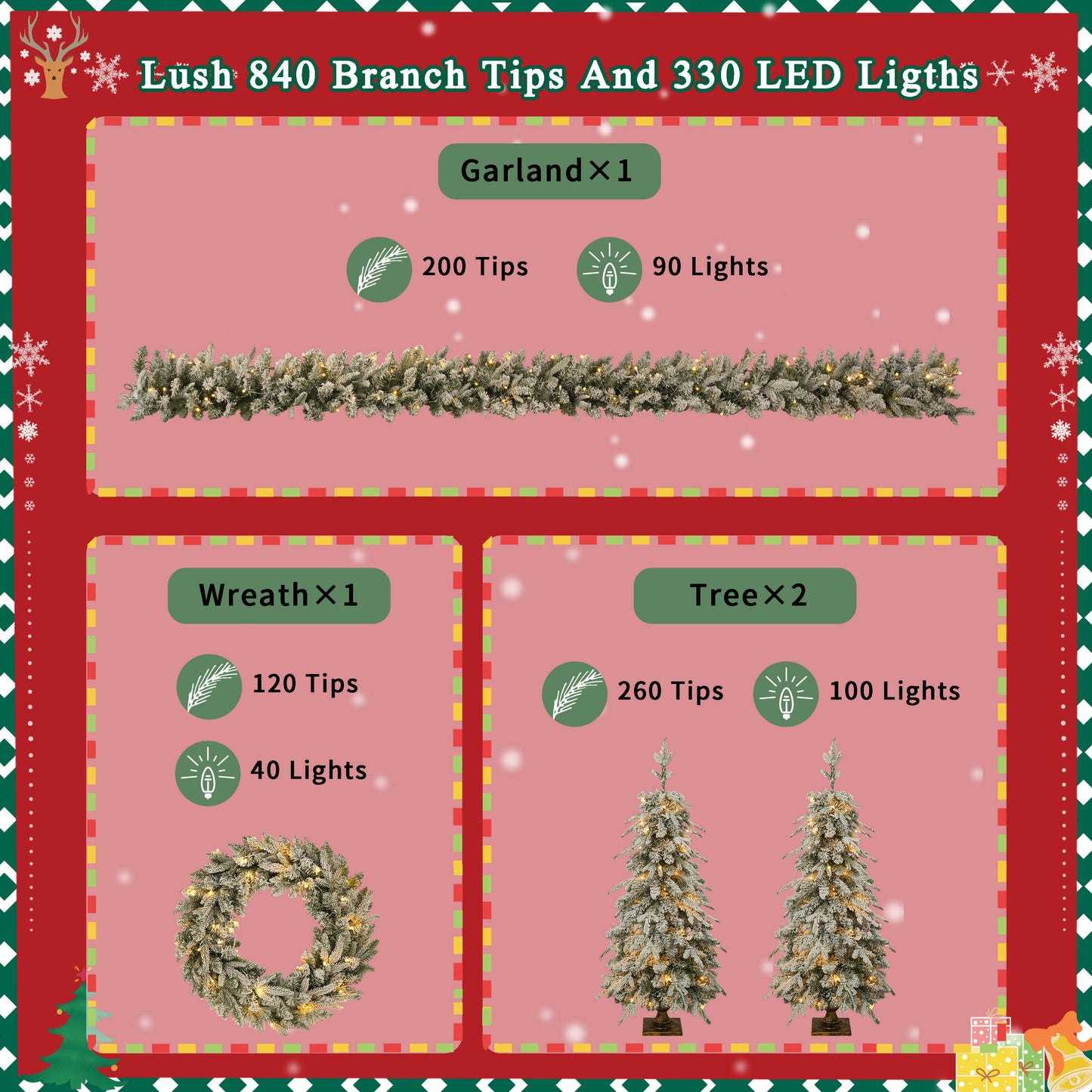 Pre-lit Christmas Artificial Tree 4-Piece Set (Garland, Wreath and Set)
