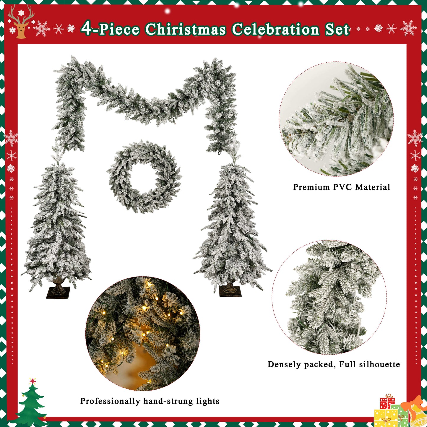 Pre-lit Christmas Artificial Tree 4-Piece Set (Garland, Wreath and Set)